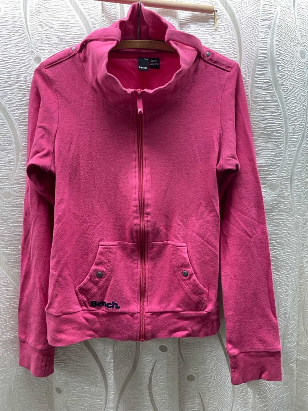 Bench Full‎ Zip Hoodie Womens Large Hot Pink Good Funnel Neck Thumbholes Cotton
